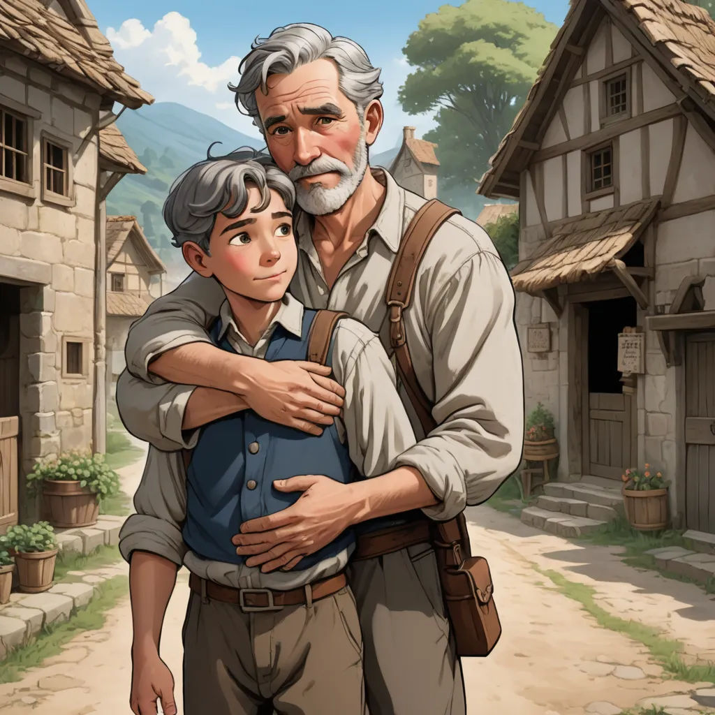 a man holding a child in his arms in front of a village with a house and a mountain in the background, fantasy art, a storybook illustration, Brothers Hildebrandt, storybook illustration