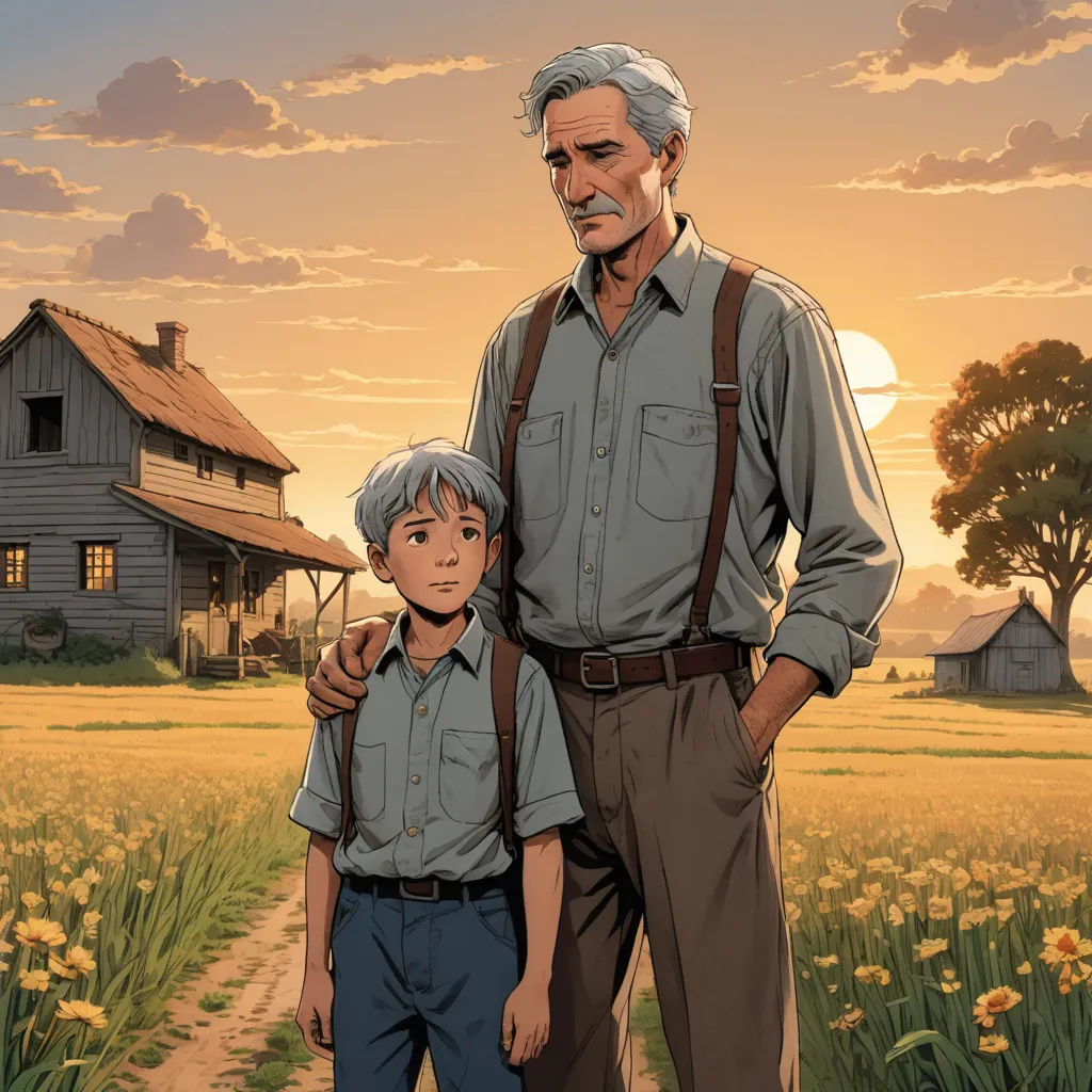 a man and a boy standing in a field with a house in the background and a sunset in the background, american realism, a comic book panel, Brothers Hildebrandt, official art