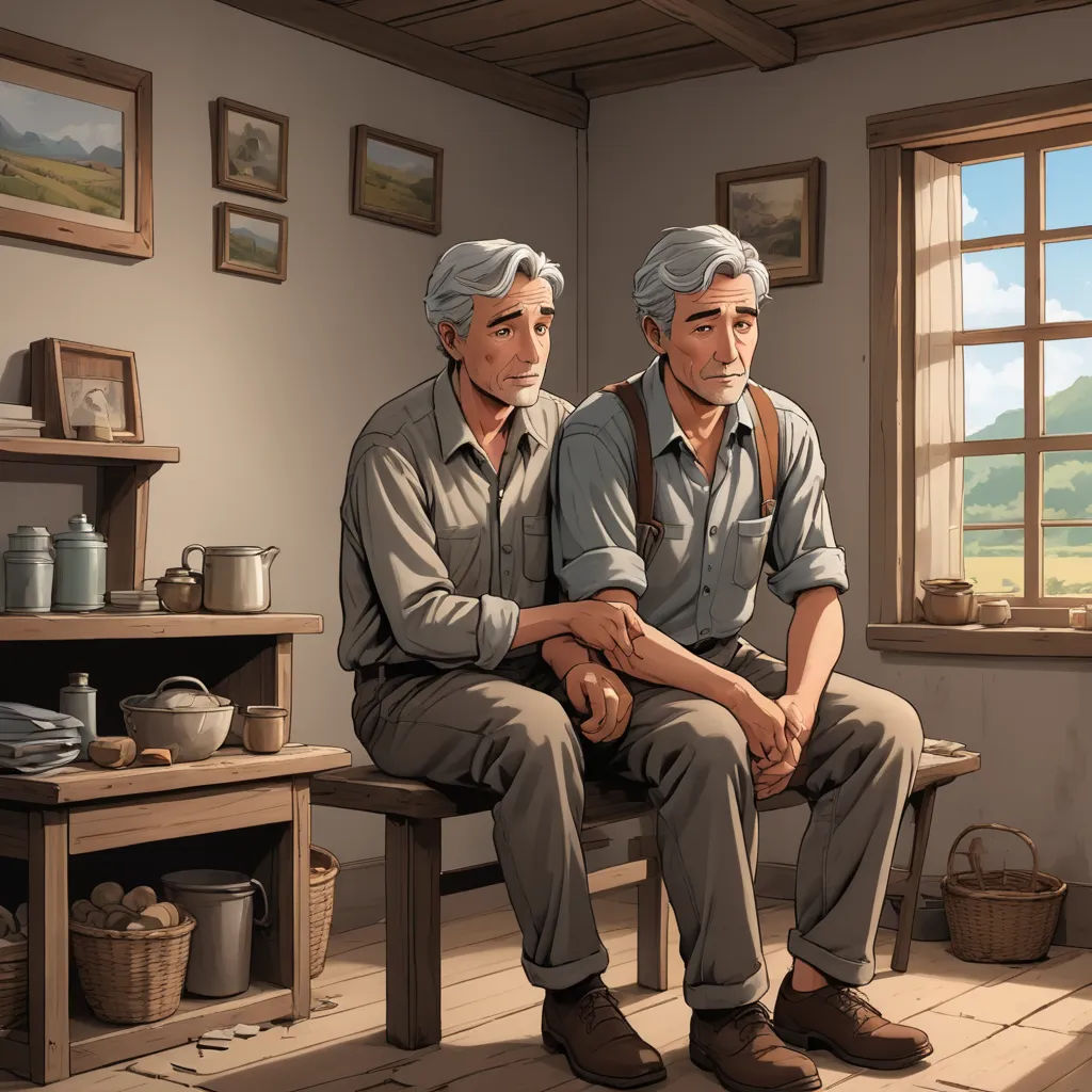 a painting of two men sitting on a bench in a room with a window and a shelf with pots and pans, american scene painting, a storybook illustration, Brothers Hildebrandt, official art