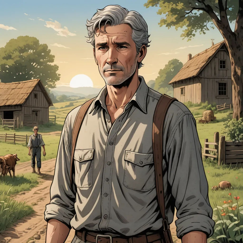 a man standing in a field with a cow and a man walking behind him with a backpack on his shoulder, american realism, a comic book panel, Douglas Shuler, western comic book art