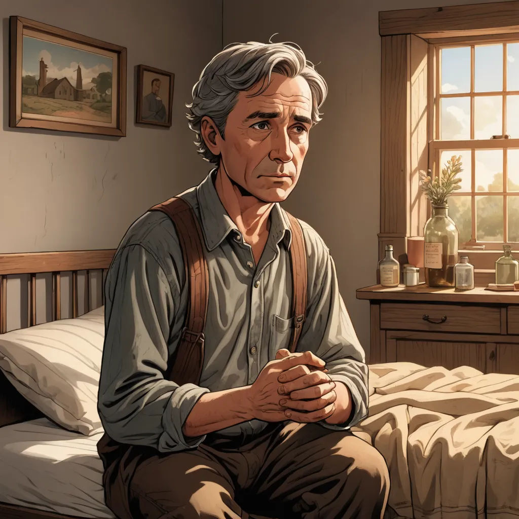 a man sitting on a bed in a bedroom next to a window with a painting of a man in the background, american realism, a character portrait, Edward Otho Cresap Ord, II, official art