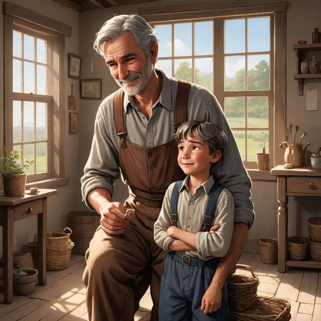 a man and a boy are sitting in a room together, one is holding a piece of wood and the other is holding a piece of wood, american scene painting, a storybook illustration, Bob Byerley, professional digital painting