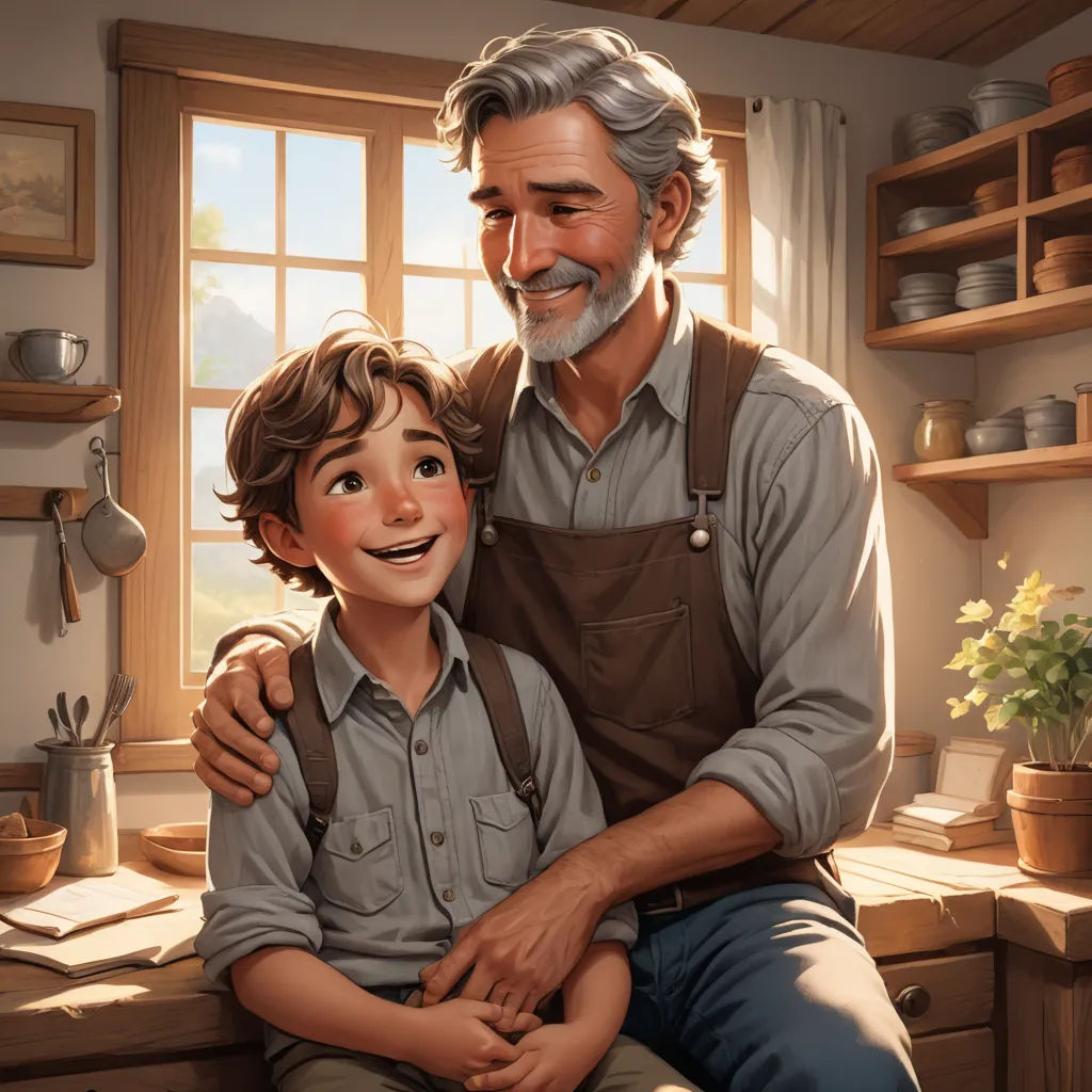 a man and a boy are sitting in a kitchen together, smiling at the camera, with a window in the background, american scene painting, a storybook illustration, Aaron Jasinski, trending on art station