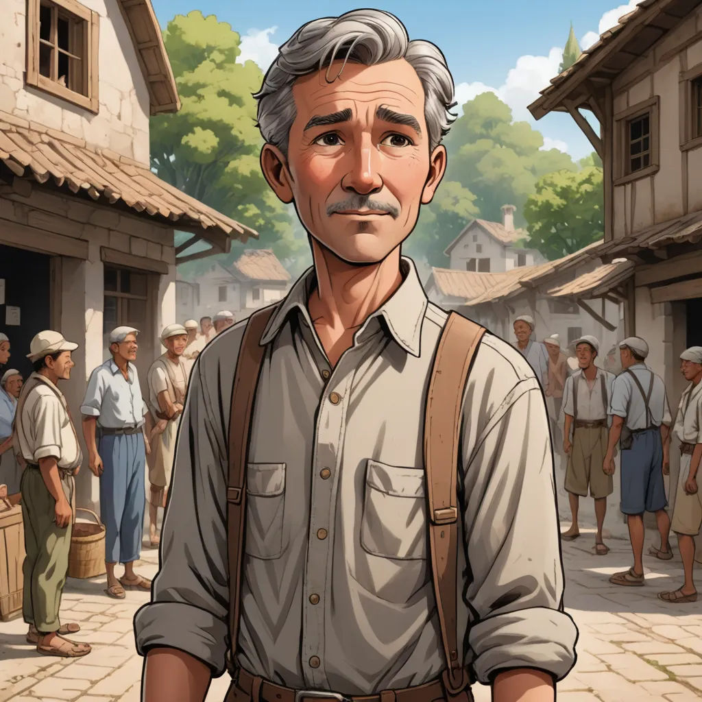 a man with a backpack standing in front of a crowd of people in a village with a building and trees, new objectivity, a character portrait, Cedric Seaut (Keos Masons), character portrait