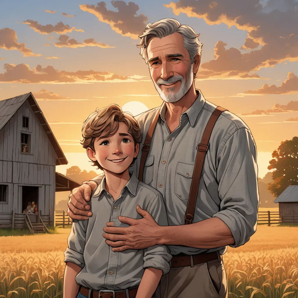 a man and a boy are standing in a field with a barn in the background and a sunset in the background, american realism, a storybook illustration, Brothers Hildebrandt, kinkade