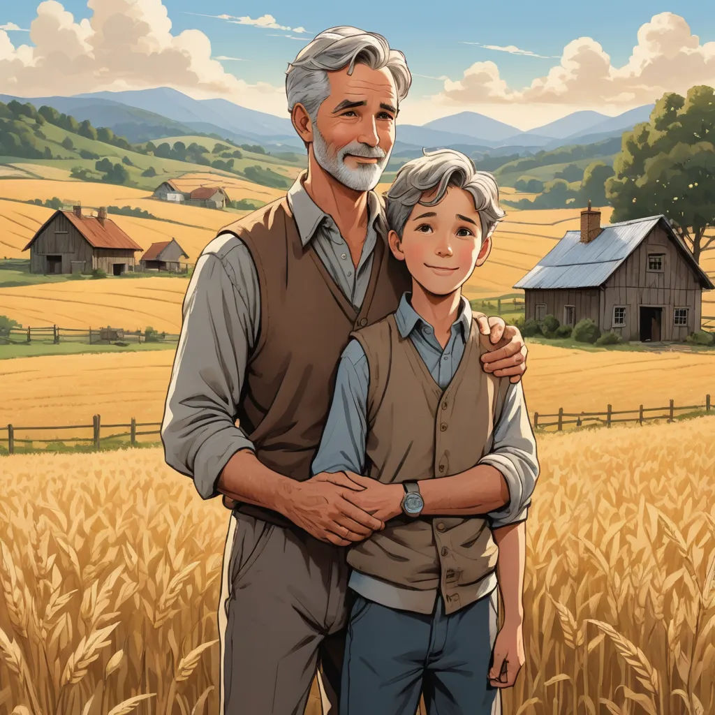 a painting of a man and a boy in a field of wheat with a farm in the background and a barn in the distance, american scene painting, a storybook illustration, Brothers Hildebrandt, official art