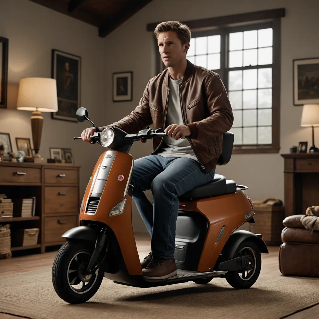 a man riding a scooter in a living room with a couch and a table with lamps on it, hyperrealism, a digital rendering, Eric Dinyer, promotional image