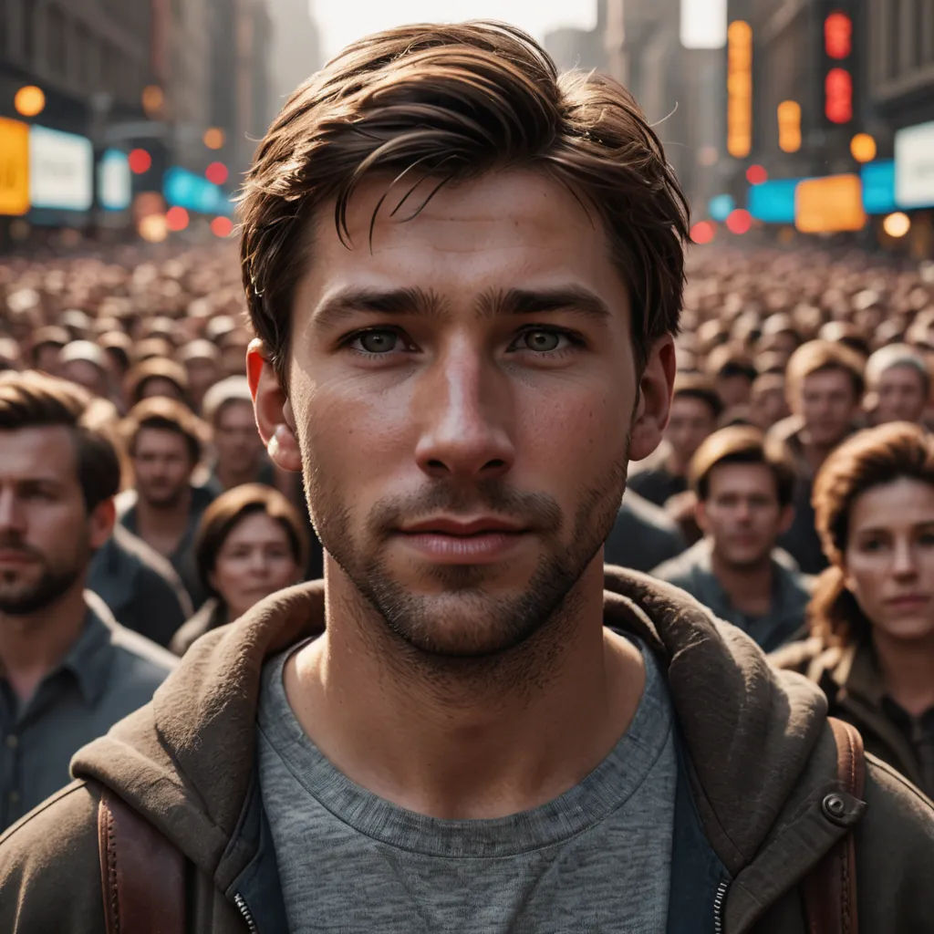 a man standing in front of a crowd of people in a city street with a traffic light in the background, neo-figurative, a hyperrealistic painting, Daniel Schultz, dystopian