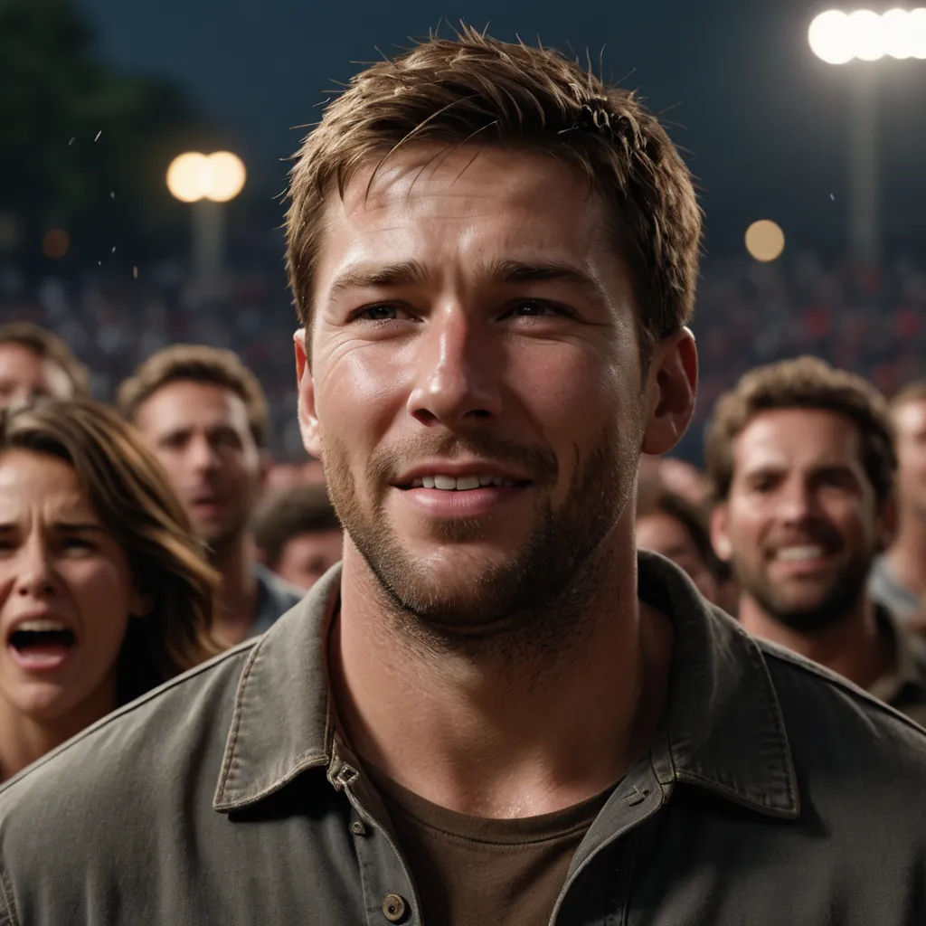 a man is standing in front of a crowd of people at a concert or event with his mouth open, american realism, a renaissance painting, Chris LaBrooy, promotional image