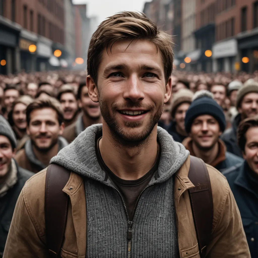a man standing in front of a crowd of people in a city street with a backpack on his back, antipodeans, a stock photo, Christen Købke, j. c. leyendecker 8 k