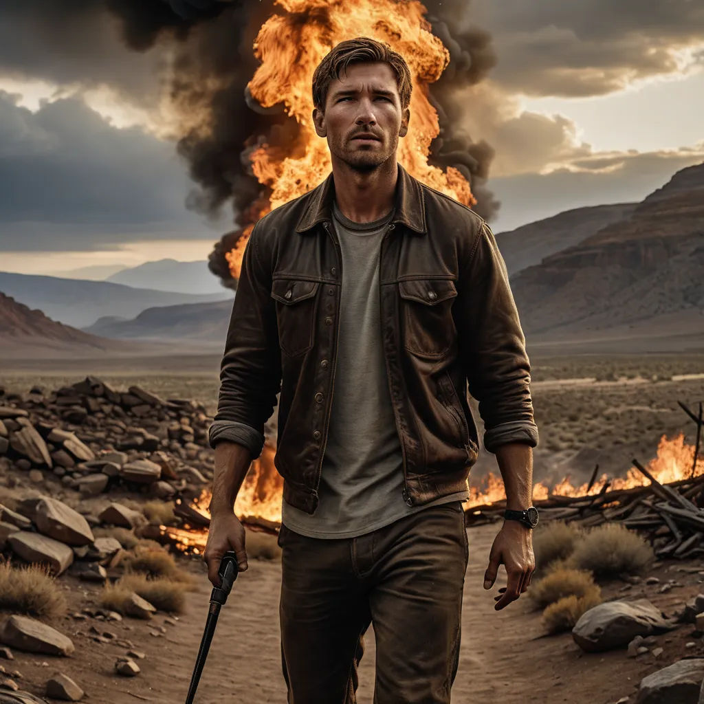 a man holding a gun in front of a fire and mountains in the background with a sky filled with clouds, maximalism, a poster, Dirk Crabeth, promotional image