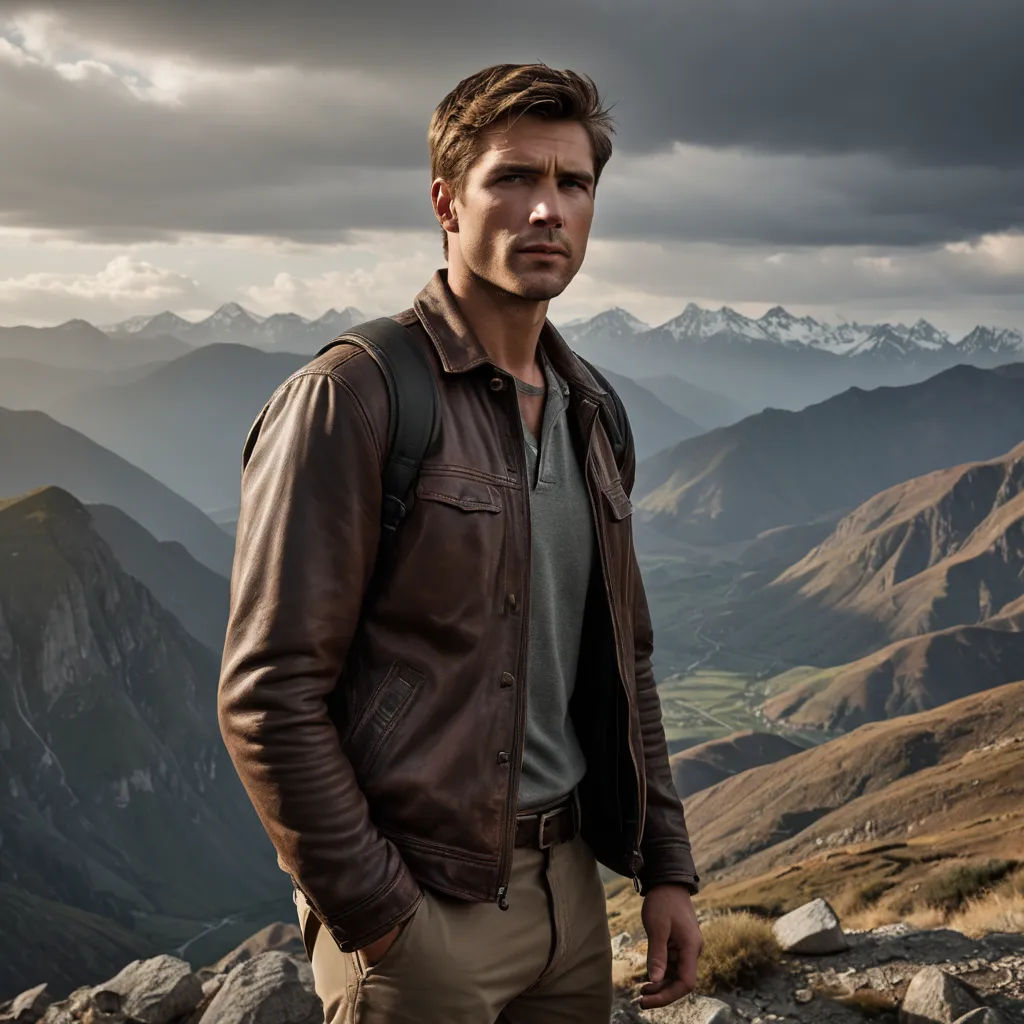 a man standing on top of a mountain with a brown jacket on and a brown backpack on his shoulder, aestheticism, a poster, Arnold Brügger, promotional image