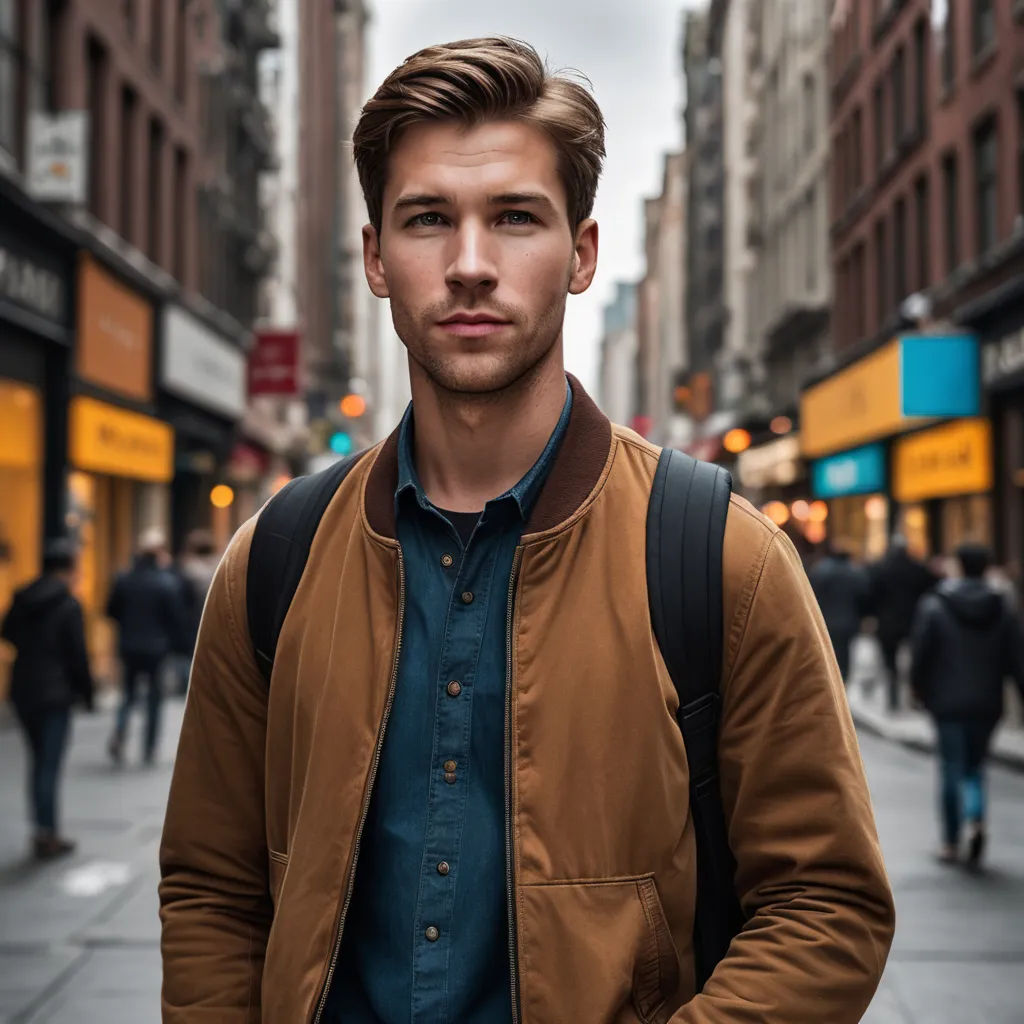 a man standing on a street with a backpack on his back and a backpack on his shoulder, in front of a city street, maximalism, a character portrait, Adam Pijnacker, portrait photography