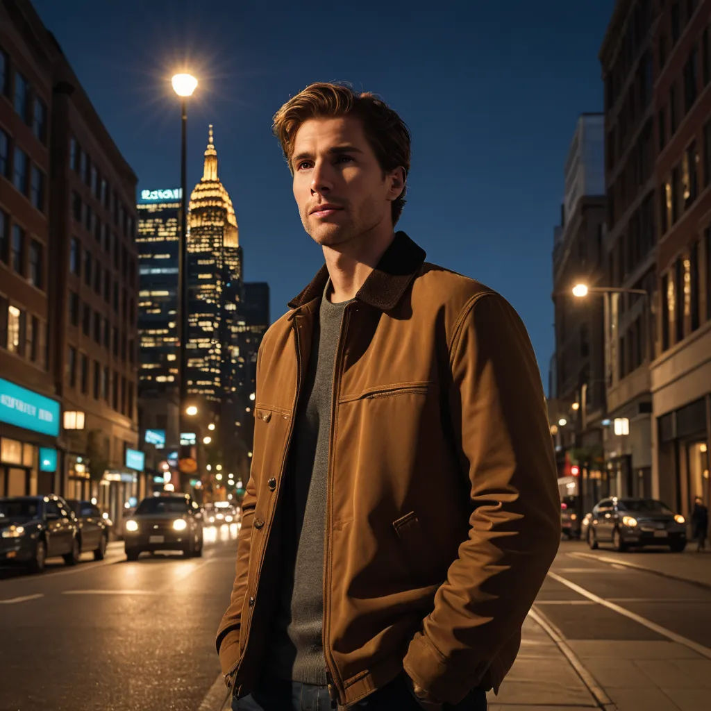 a man standing on a street corner at night with a city in the background at night time, with a lit up skyscraper in the distance, photorealism, a character portrait, Aaron Bohrod, promotional image