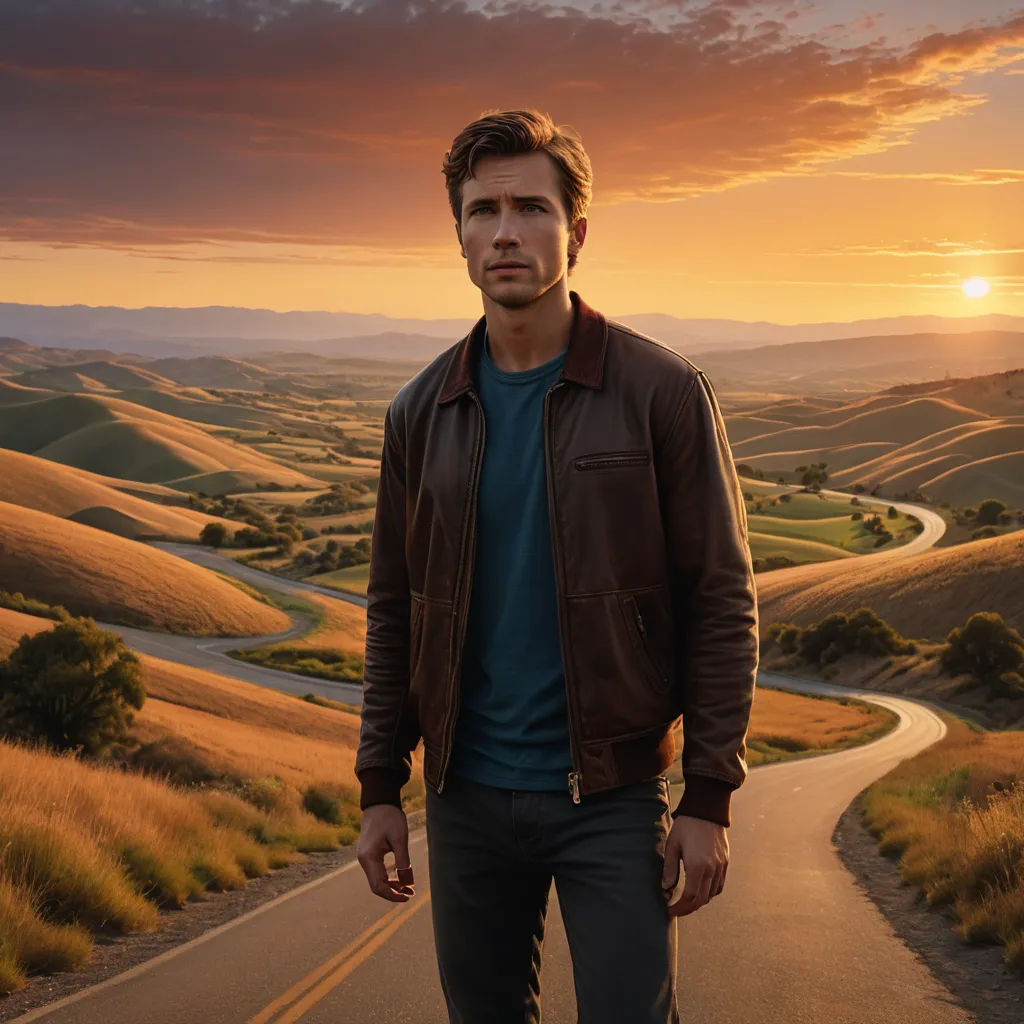 a man standing on a road in the middle of a field at sunset with a sunset in the background, land art, a poster, Chris LaBrooy, promotional image