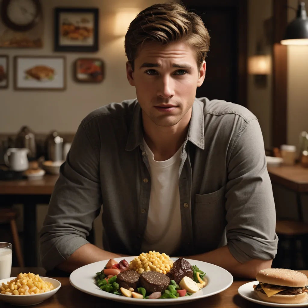 a man sitting at a table with a plate of food in front of him and a glass of milk, american romanticism, a character portrait, Evan Charlton, promotional image