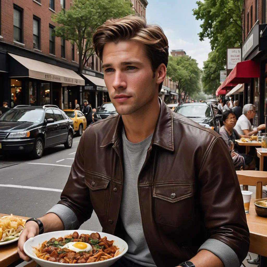 a man holding a plate of food on a city street corner with cars parked on the side of the road, maximalism, a bronze sculpture, Adam Paquette, j. c. leyendecker 8 k