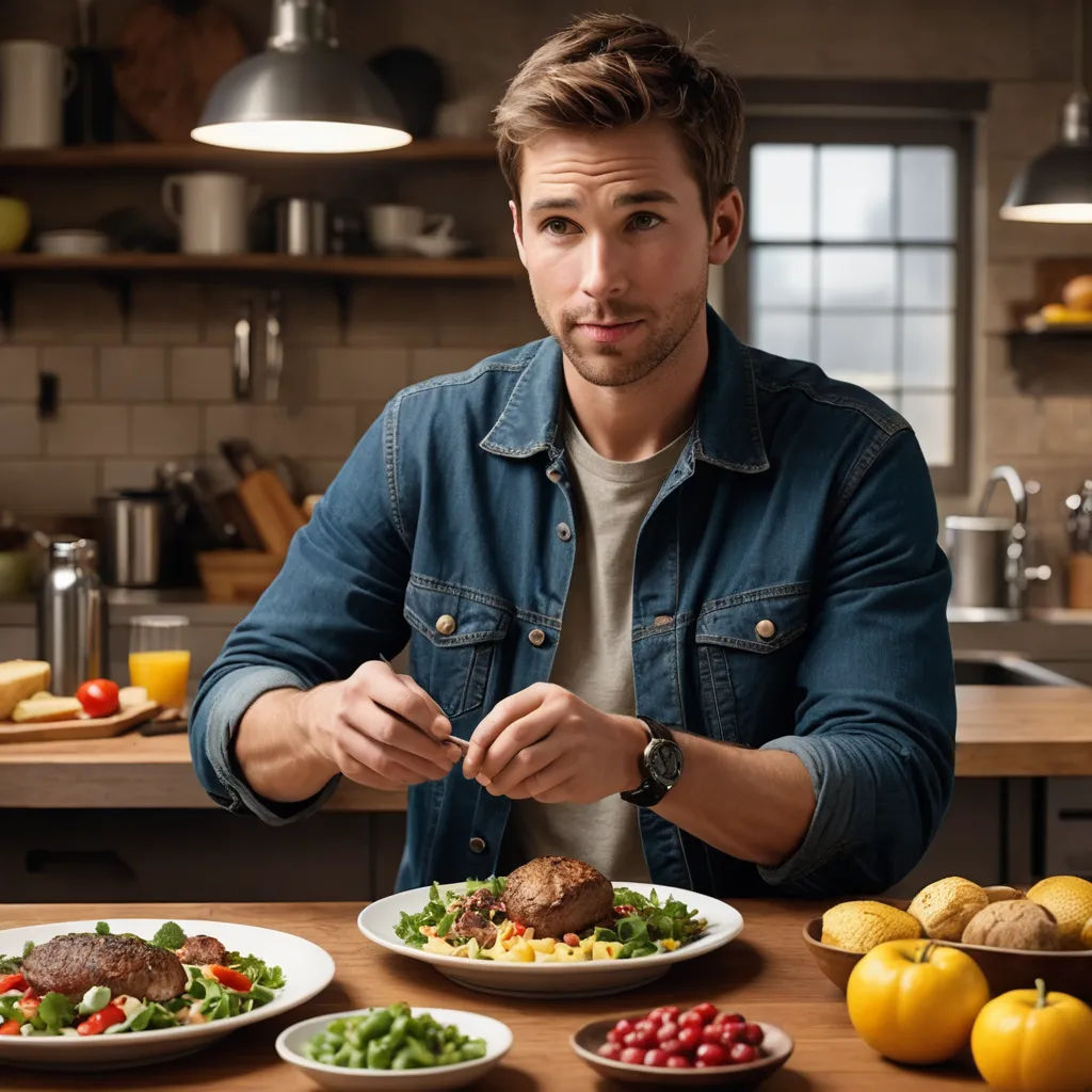 a man is standing in front of a table of food and plates of food on it, with a knife in his hand, private press, a stock photo, Chris Spollen, promotional image
