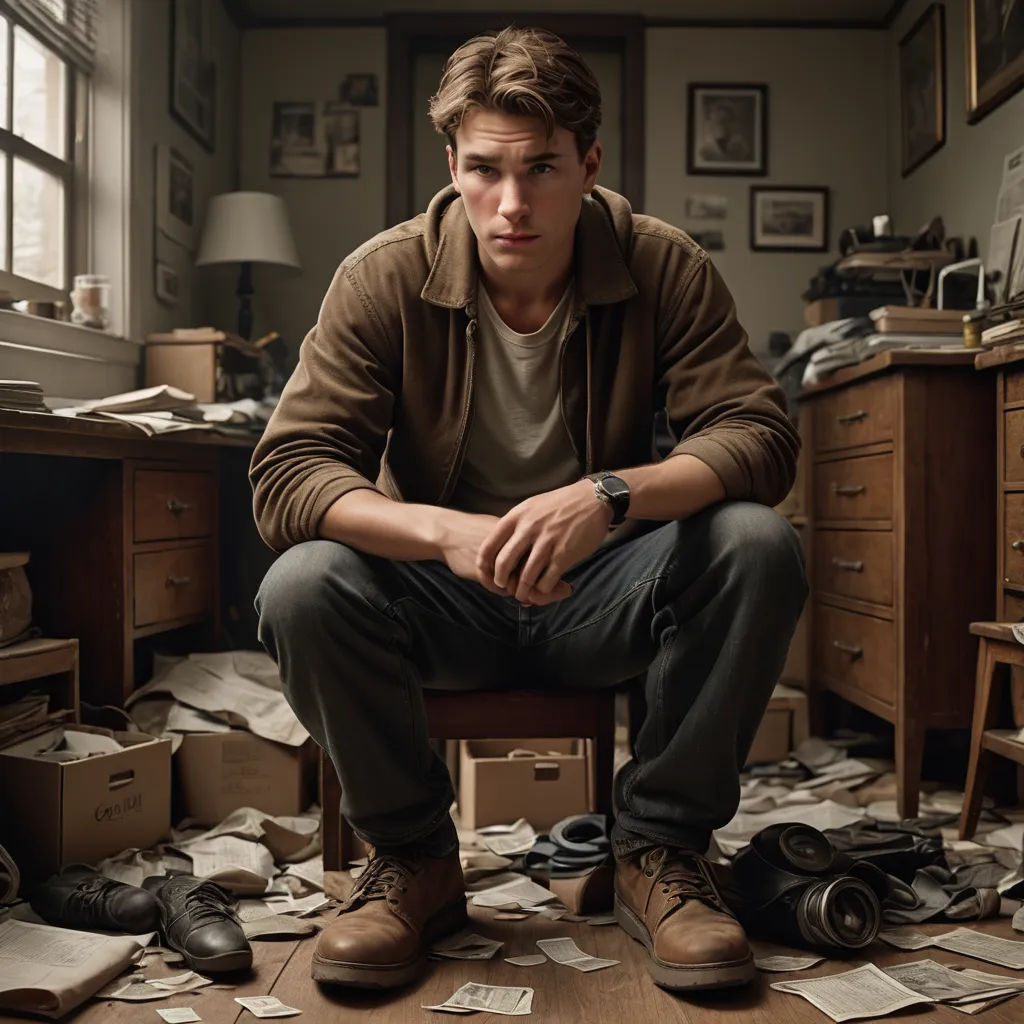 a man sitting on a chair in a messy room with lots of papers all over the floor and a messy desk, new objectivity, a poster, Armin Hansen, promotional image