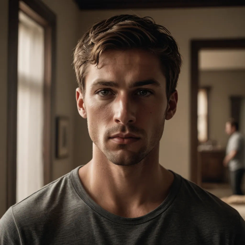 a man in a gray shirt is looking at the camera with a serious look on his face and a man in the background, photorealism, a character portrait, Evan Charlton, promotional image