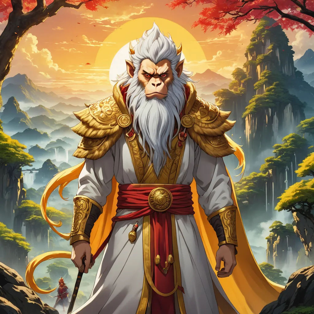 a man in a white and gold outfit holding a sword in front of a forest with mountains and trees, fantasy art, concept art, Emperor Huizong of Song, rossdraws global illumination