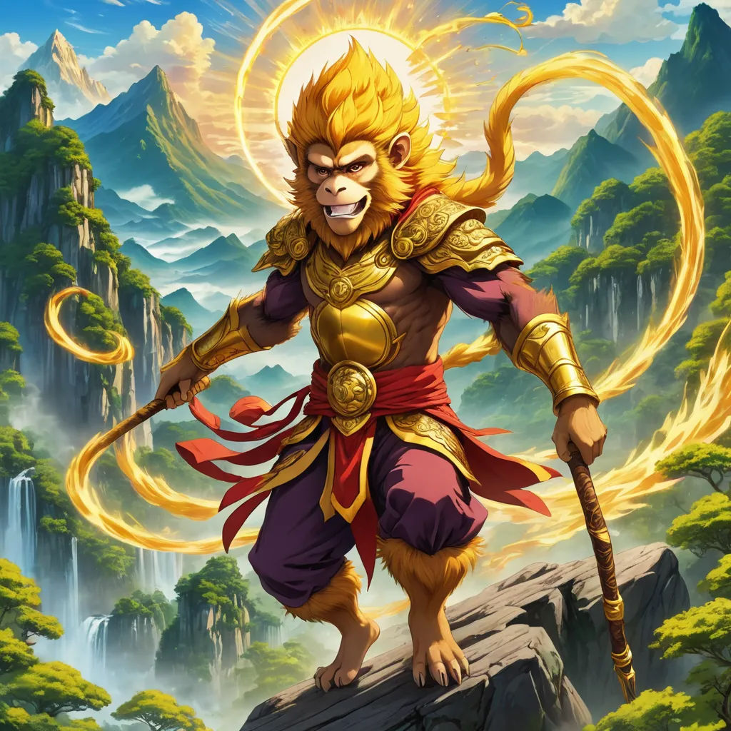 a monkey with a golden outfit and a staff in his hand standing on a rock in front of a mountain, fantasy art, concept art, Alex Petruk APe, rossdraws global illumination