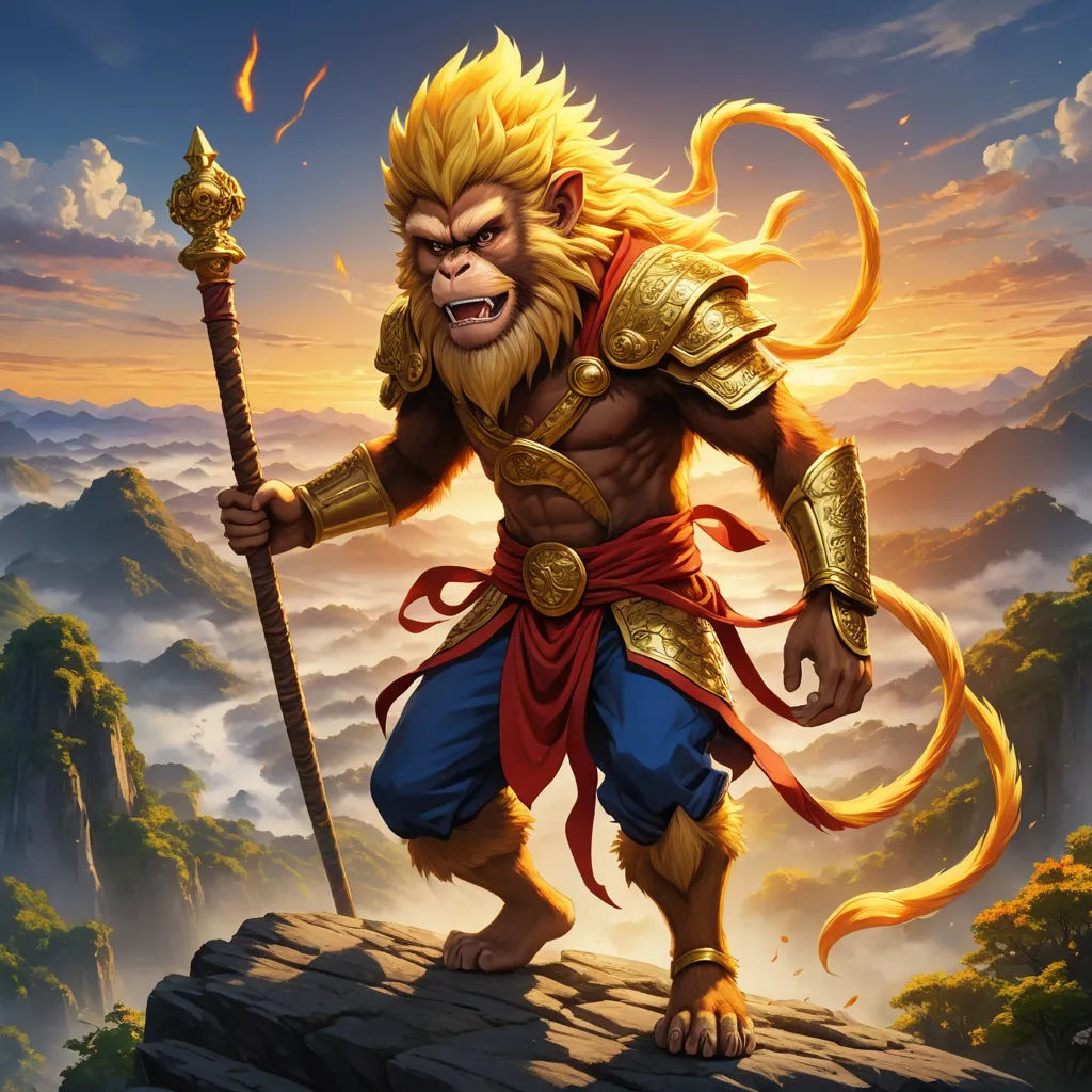 a monkey with a sword and a golden outfit on a mountain top with clouds and trees in the background, fantasy art, concept art, Alex Petruk APe, rossdraws global illumination