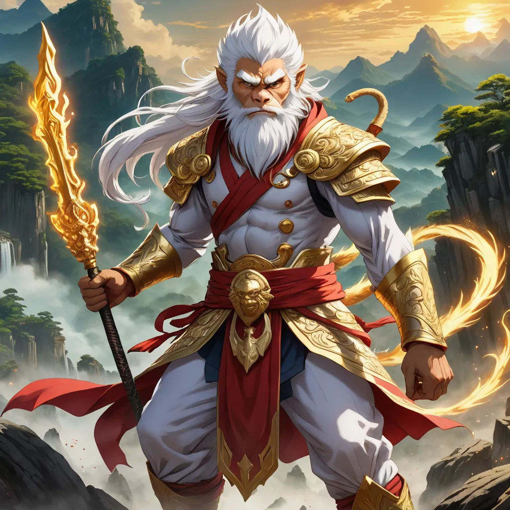 a man with a white beard and white hair holding a sword and wearing a red and gold outfit and holding a flame, fantasy art, concept art, Dai Jin, epic fantasy character art