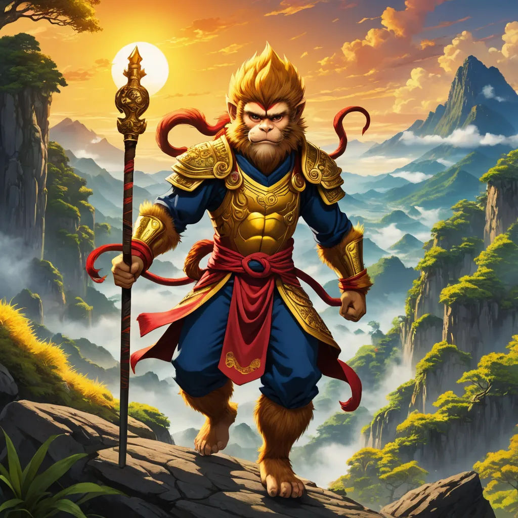 a monkey with a sword and a sword in his hand standing on a rock in front of a mountain, fantasy art, concept art, Alex Petruk APe, 2 d game art