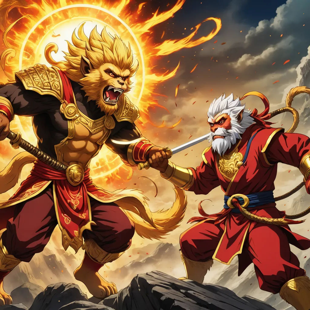 two men in costumes fighting with each other on a mountain top with a sky background and clouds in the background, fantasy art, concept art, Anne Stokes, league of legends concept art