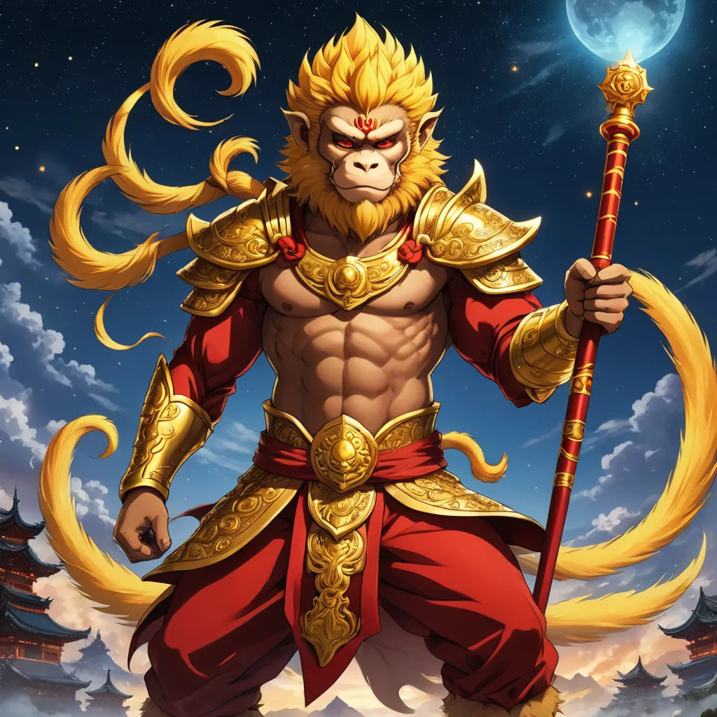 a monkey with a sword and a golden outfit on a mountain with clouds and a full moon in the background, fantasy art, concept art, Alex Petruk APe, rossdraws global illumination