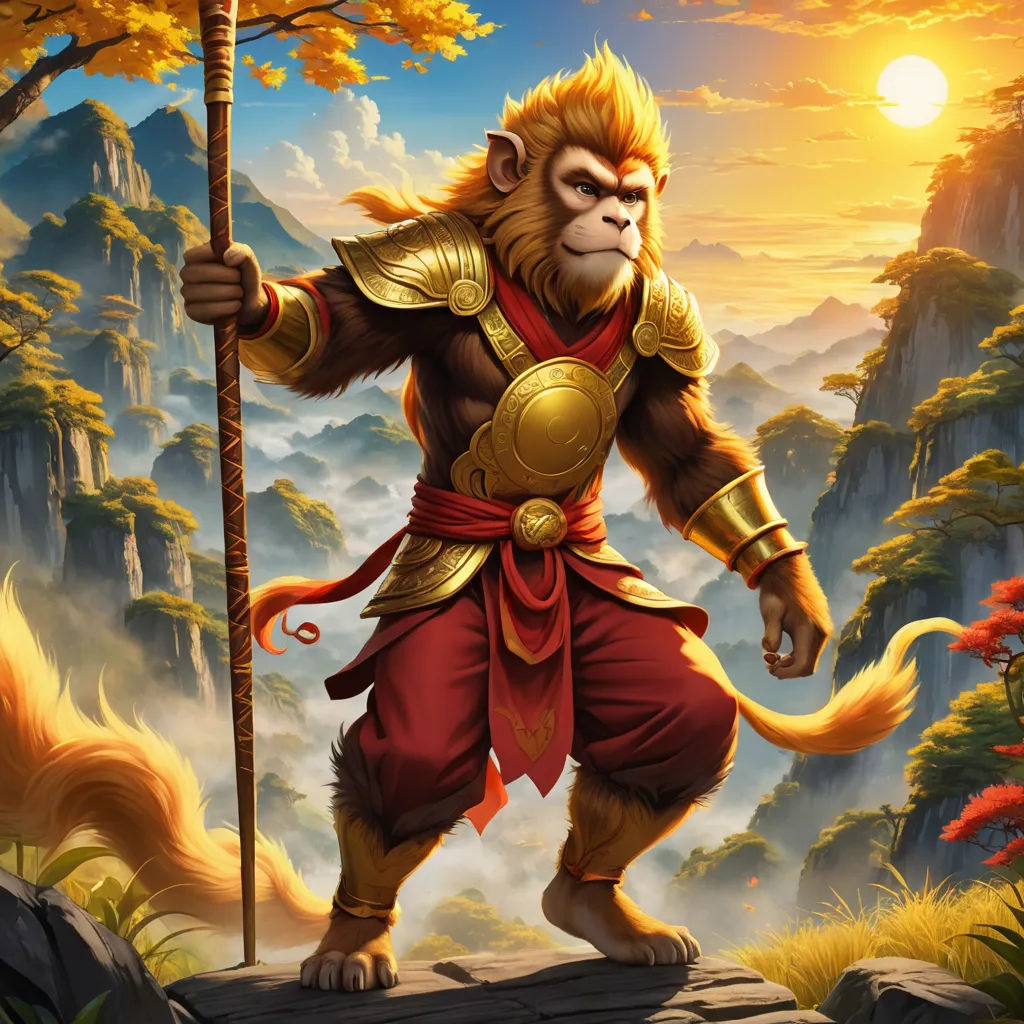 a monkey with a staff in a mountain landscape with a sunset in the background and a mountain landscape with a monkey, fantasy art, a detailed painting, Alex Petruk APe, 2 d game art
