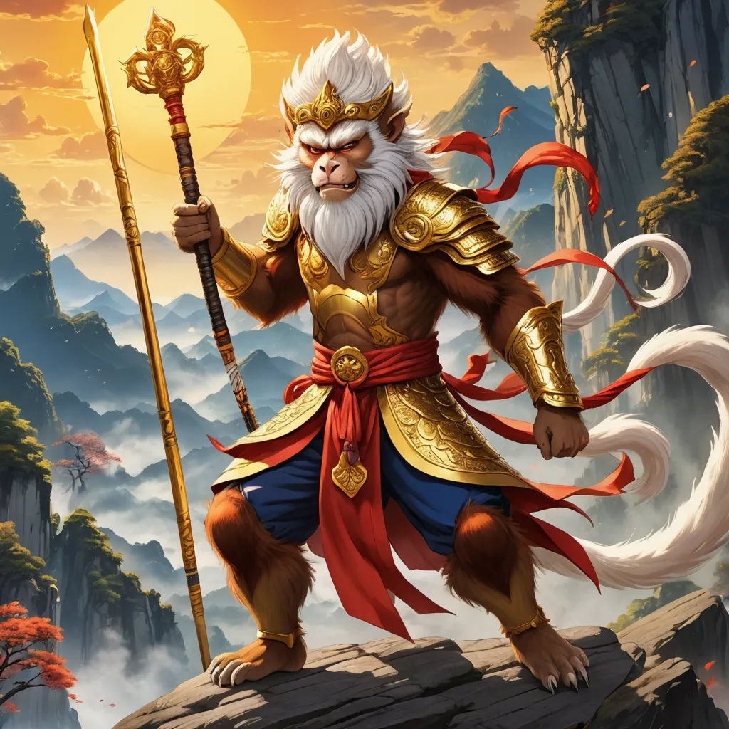 a monkey with a golden outfit holding a staff and a sword in his hand, standing on a rock, altermodern, a detailed painting, Alex Petruk APe, rossdraws global illumination