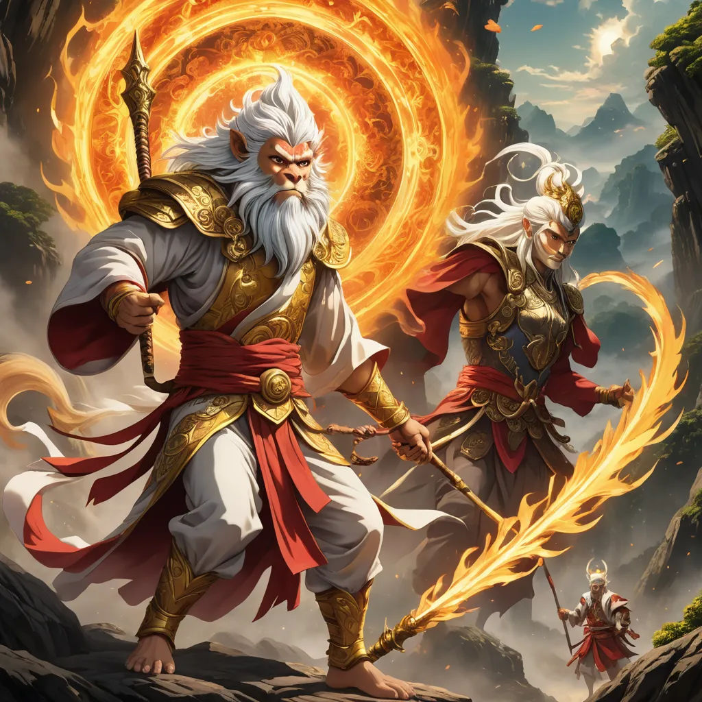 two men in costumes with fire around them, one holding a sword and the other holding a sword with a flame, fantasy art, concept art, Christophe Vacher, epic fantasy character art