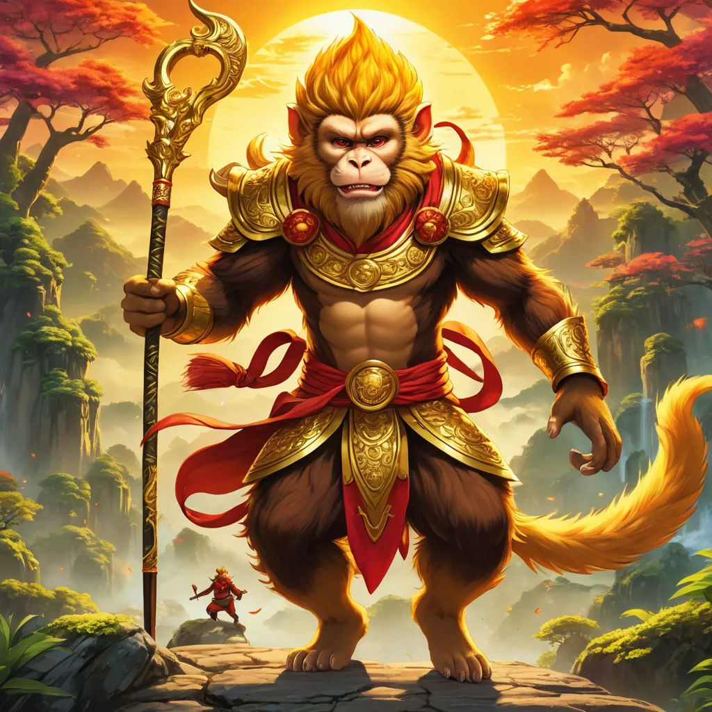 a monkey with a golden outfit holding a staff and a sword in his hand, standing in a forest, furry art, concept art, Alex Petruk APe, rossdraws global illumination