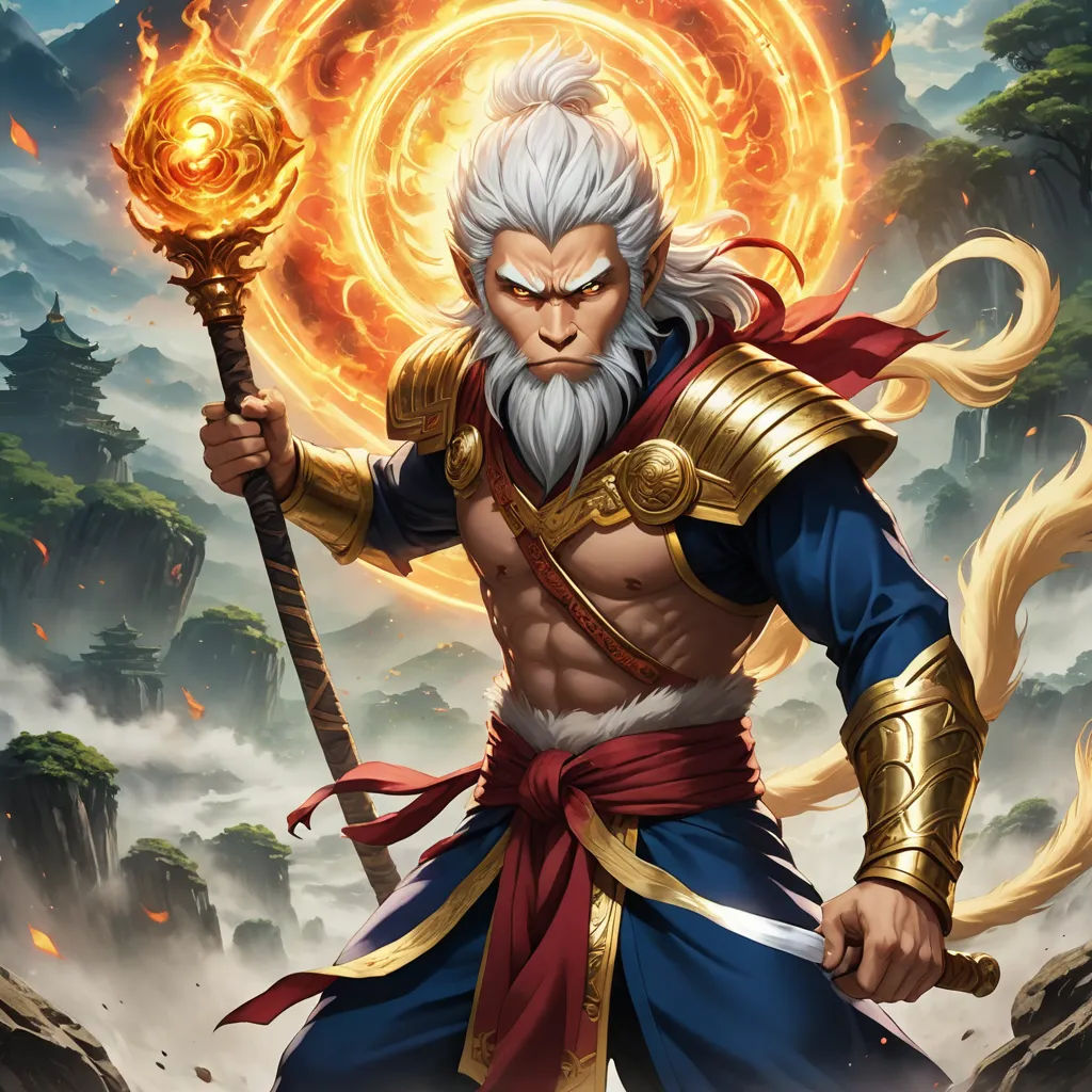 a man with a sword and a ring around his neck holding a fire ball in his hand and a flame in his other hand, fantasy art, a detailed painting, Dai Jin, epic fantasy character art