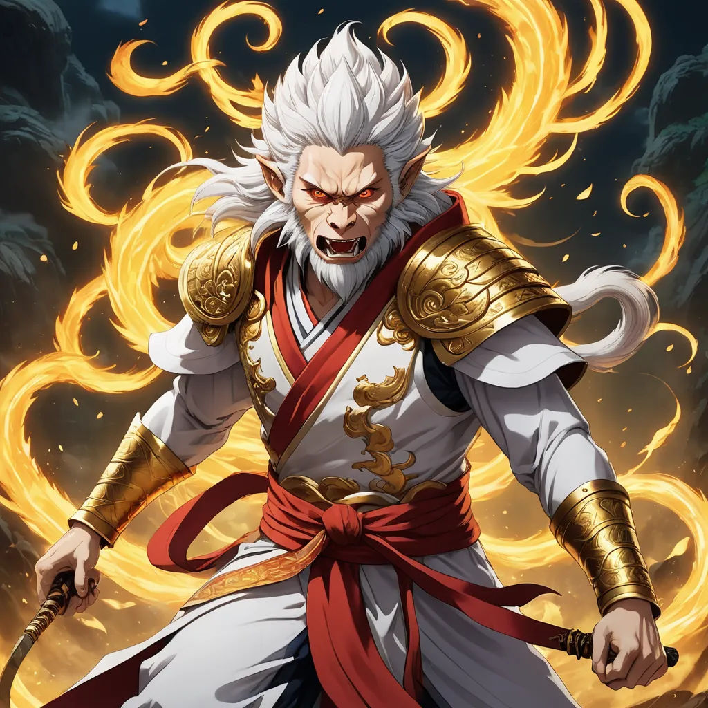 a man in a white and red outfit with a sword in his hand and a flame behind him, with a black background, fantasy art, a character portrait, Dai Jin, dragon art