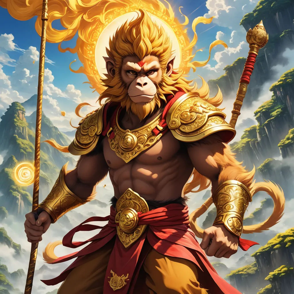 a monkey with a golden outfit holding a staff and a flame in his hand and a mountain in the background, sumatraism, a detailed painting, Alex Petruk APe, rossdraws global illumination
