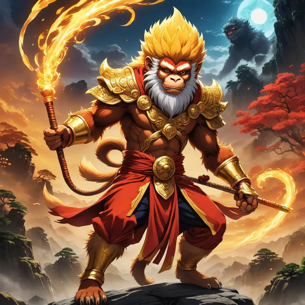 a monkey with a sword and a flame in his hand is standing on a rock in front of a sunset, fantasy art, concept art, Dai Jin, league of legends concept art