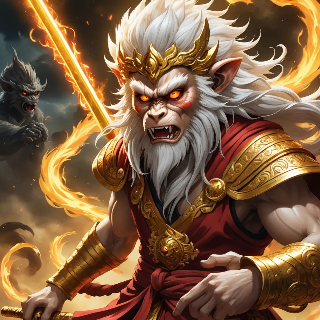 a man with a sword and a demon behind him in a painting style, with flames coming from his face, fantasy art, a detailed painting, Dai Jin, epic fantasy character art