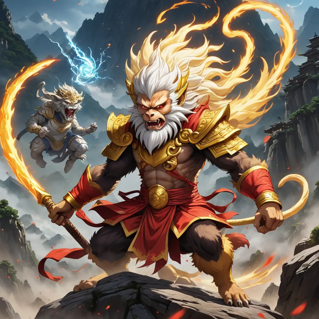 a man with a beard and a beard holding a sword and a demon with a flame in his hand, fantasy art, concept art, Dai Jin, 2 d game art