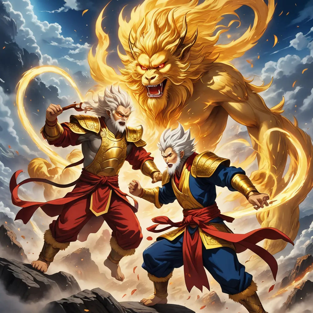 two men fighting with a demon in the sky above them, one of them is fighting with a demon, fantasy art, a detailed painting, Dai Jin, official art