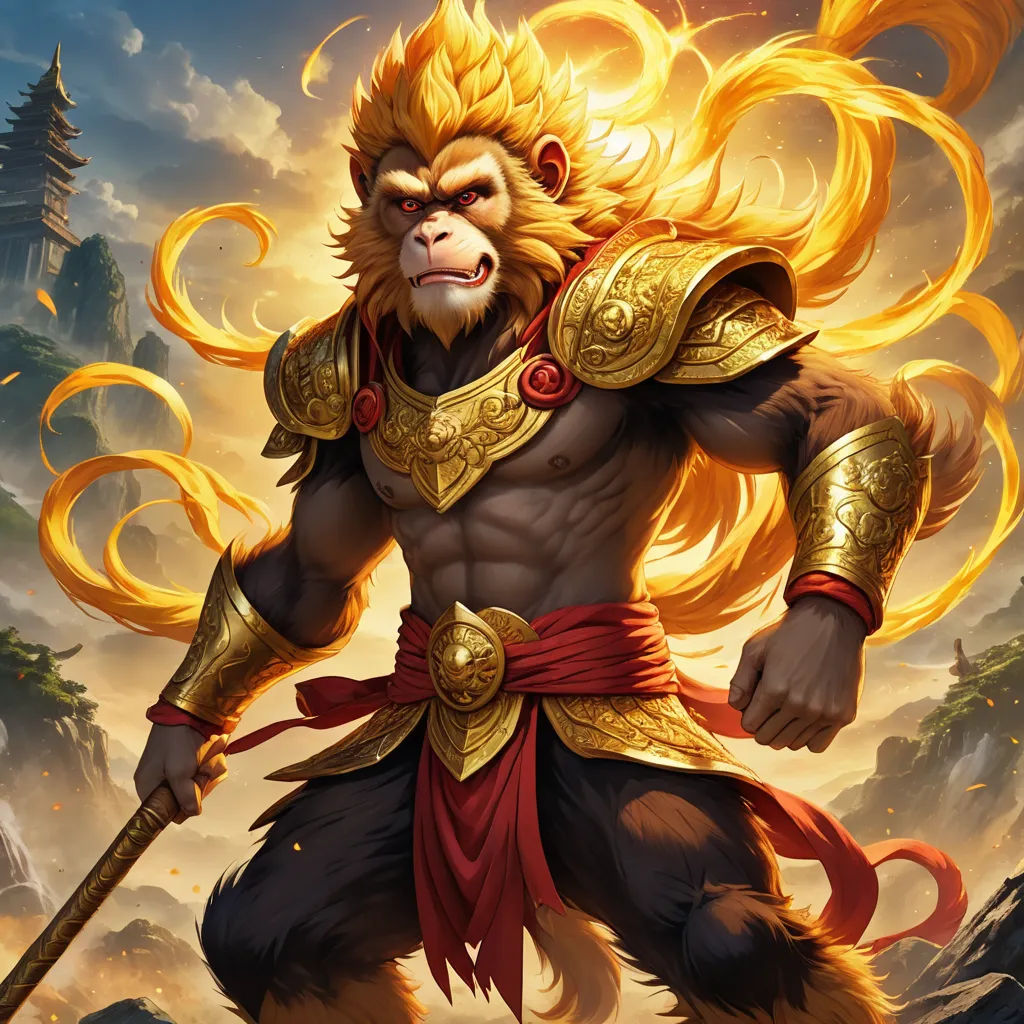a monkey with a golden outfit and a sword in his hand, standing in front of a mountain with a golden flame, furry art, a painting, Alex Petruk APe, rossdraws global illumination
