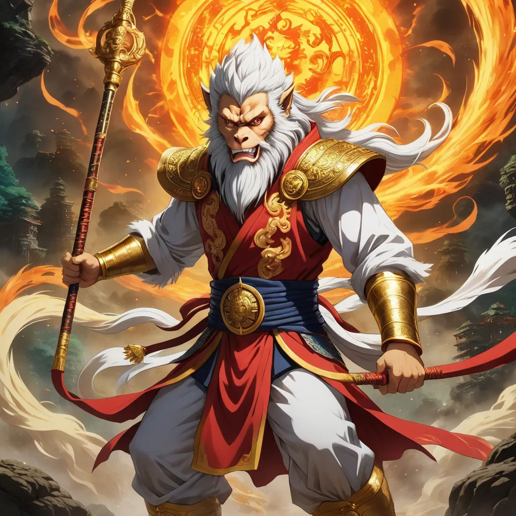a man in a red and gold outfit holding a sword and a flame in the background with a sun in the sky, fantasy art, concept art, Du Jin, league of legends concept art