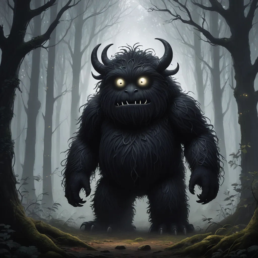 a big furry monster with glowing eyes in a forest with trees and rocks, with a trail leading to it, gothic art, a storybook illustration, Brom, dark fantasy art
