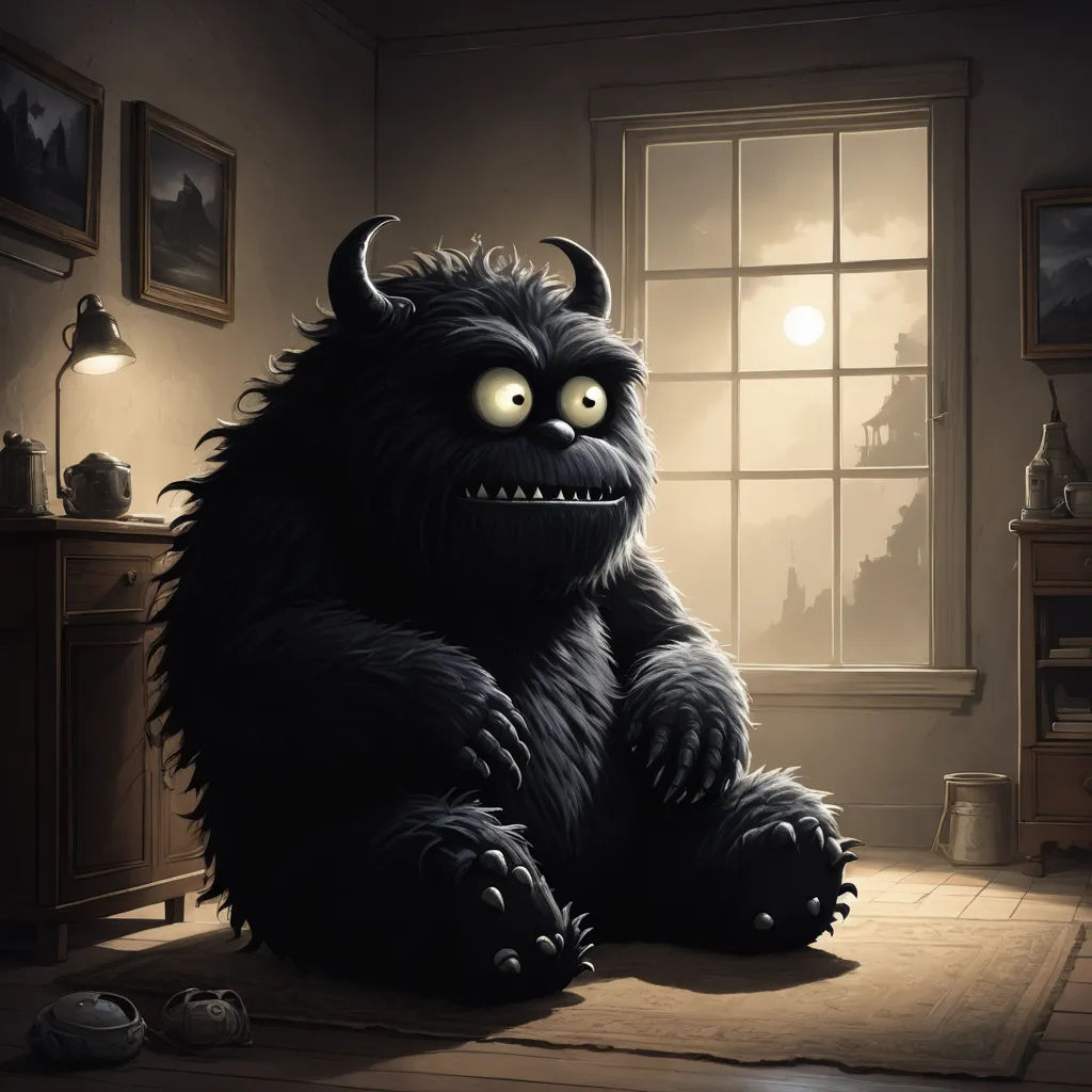 a cartoon of a monster sitting in a room with a window and a lamp on the wall behind it, sots art, a storybook illustration, Brom, storybook illustration