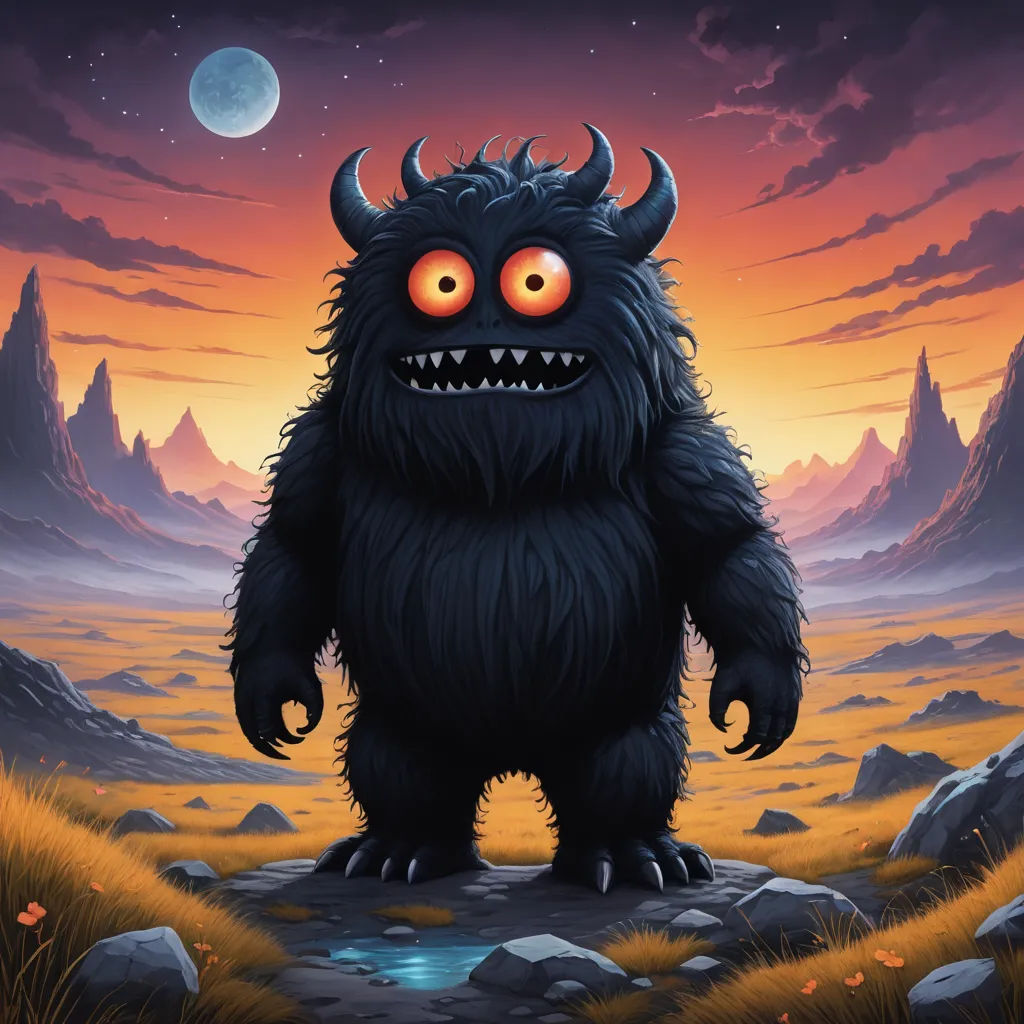 a cartoon monster with big eyes standing in a field of grass and rocks at night with a full moon in the background, sots art, an album cover, Chris LaBrooy, josan gonzales and dan mumford