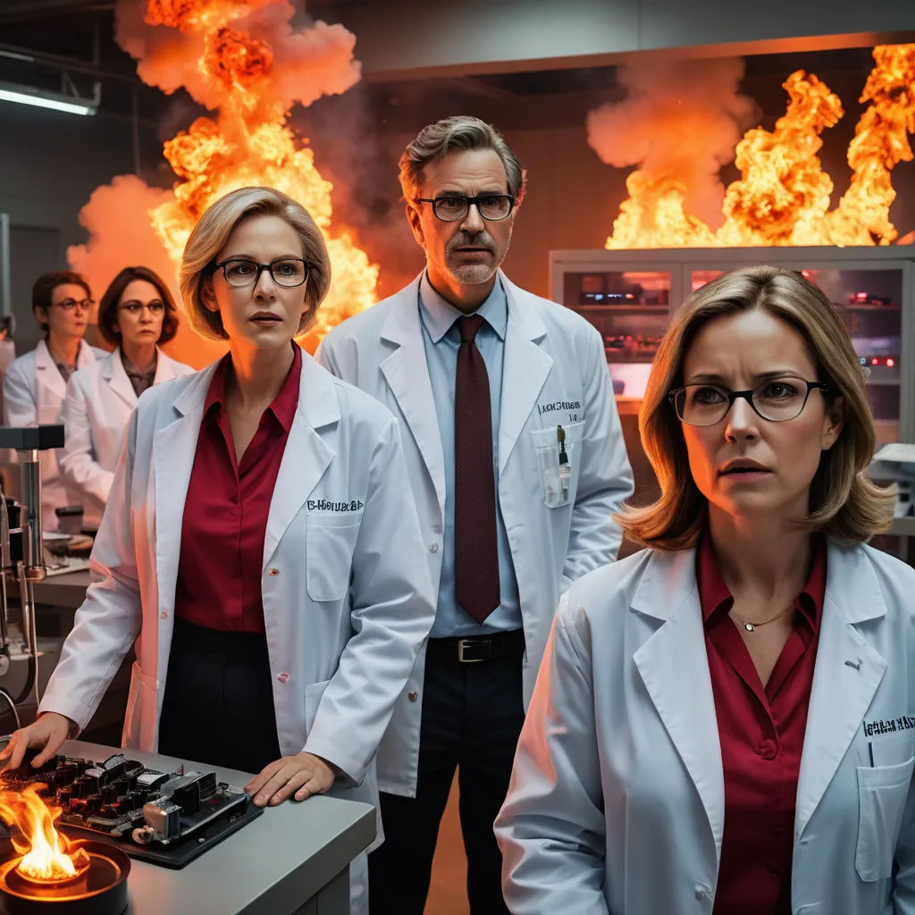 a group of people in lab coats standing in front of a fire with flames coming out of it and a man in a tie, arbeitsrat für kunst, a stock photo, Ada Gladys Killins, promotional image