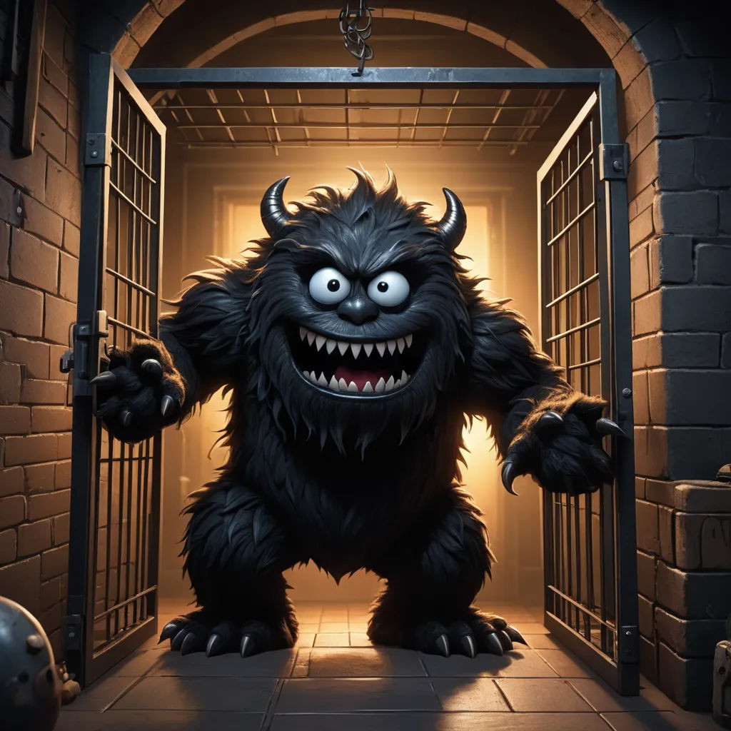 a cartoon monster is coming out of a jail cell door with his mouth open and teeth wide open, with a glowing light shining on his face, furry art, concept art, Chris LaBrooy, 2 d game art