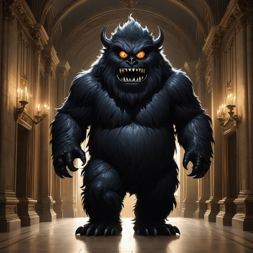 a big furry monster standing in a hallway with a light on it's face and glowing eyes,, gothic art, an ultrafine detailed painting, Andreas Rocha, magic the gathering artwork